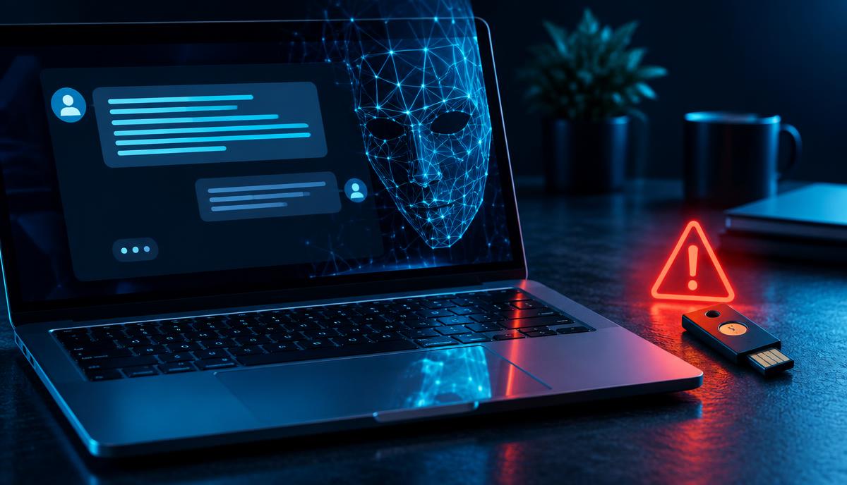 Message suspect et masque numérique sur un ordinateur portable