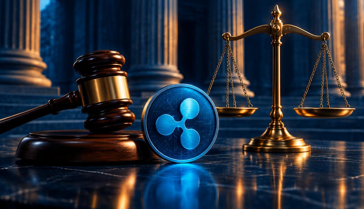 Jeton XRP devant un marteau de juge et une balance