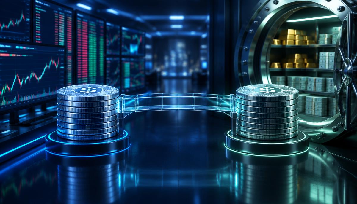 Deux réserves de stablecoins reliées entre une plateforme et un coffre