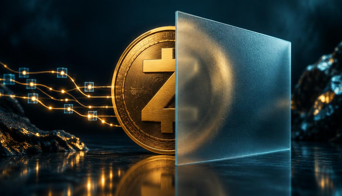 Pièce Zcash partiellement masquée par une vitre dépolie